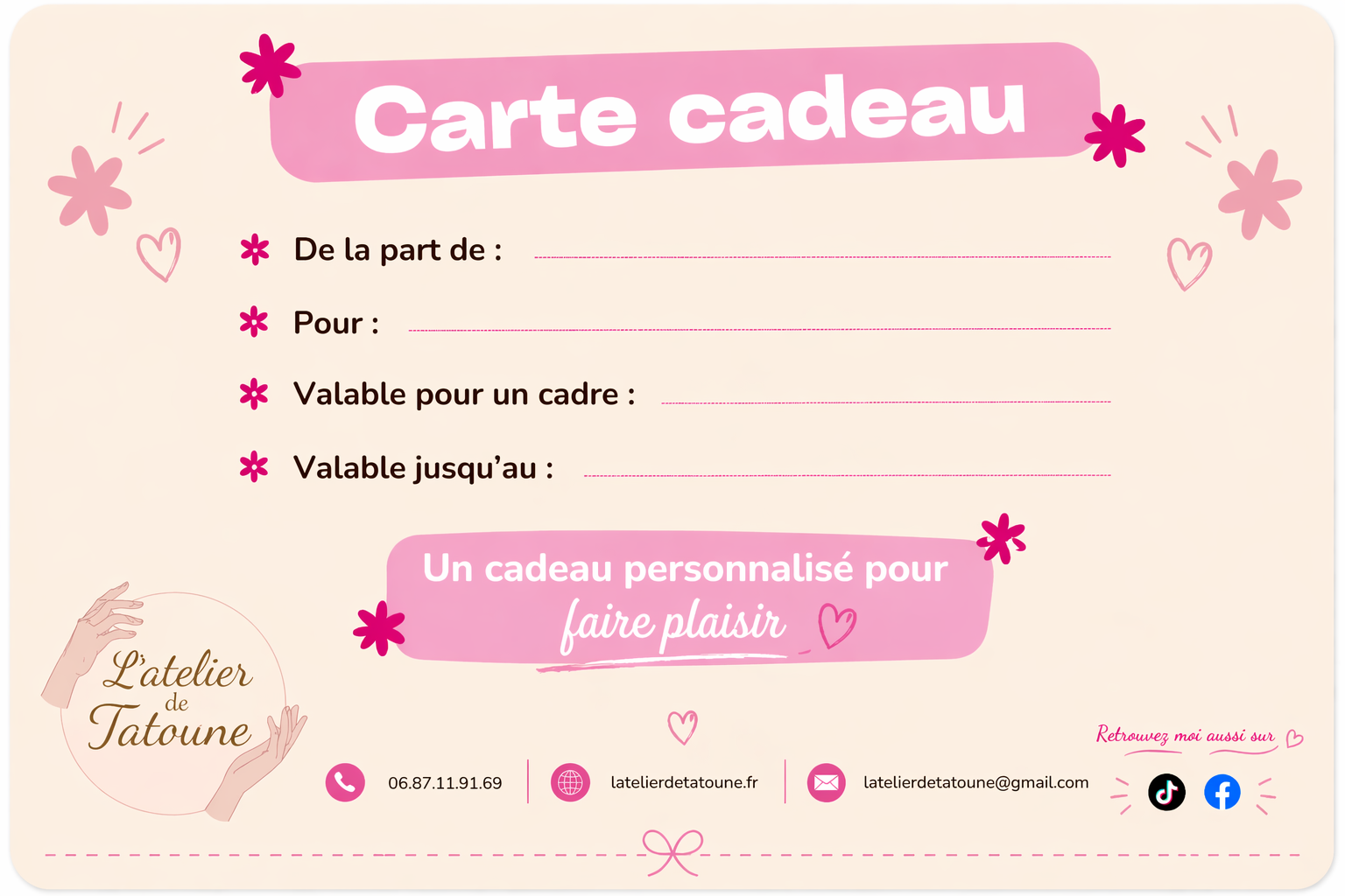 carte cadeau pour offrir cadre personnalisé - L'atelier de Tatoune