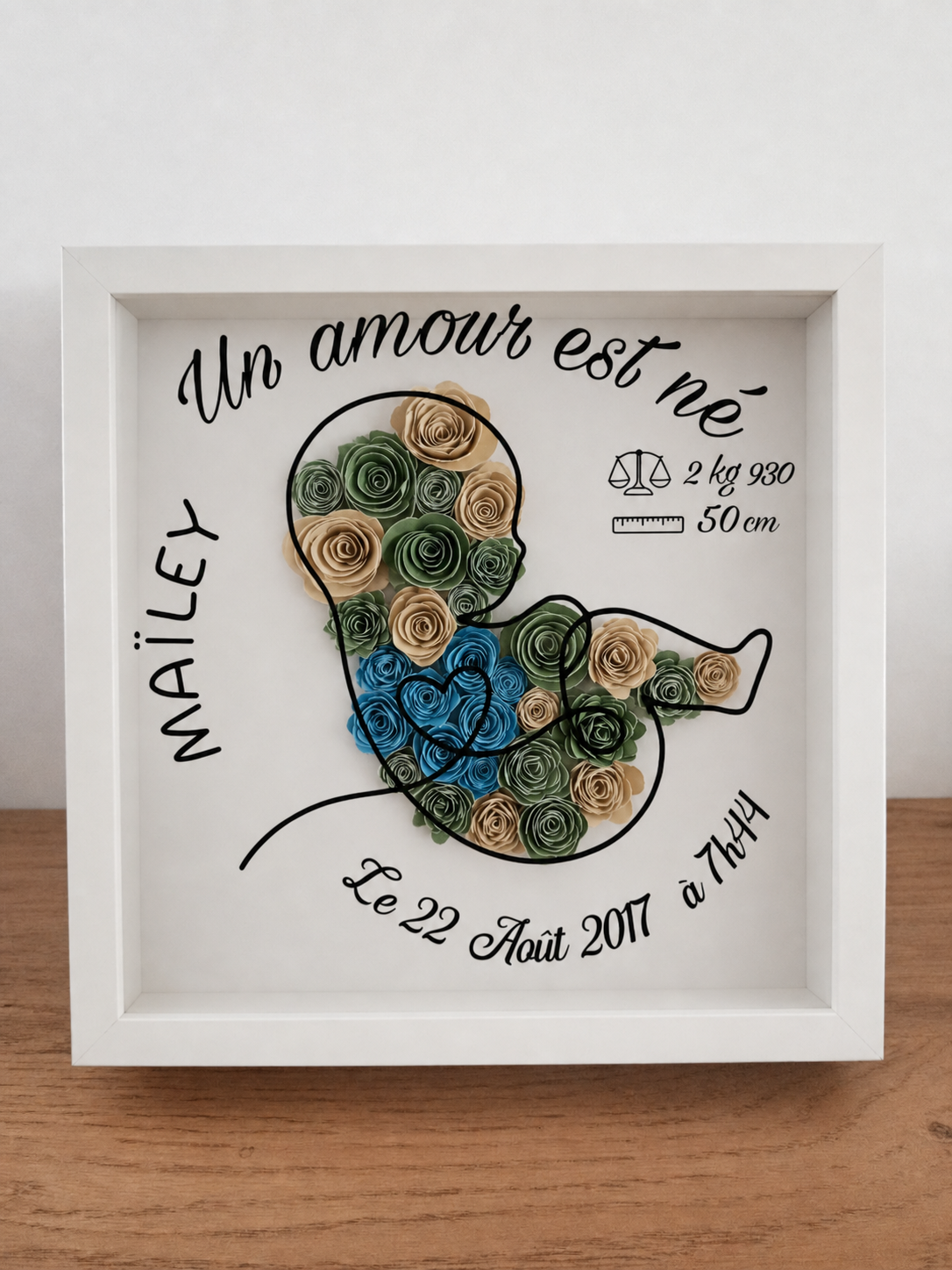 Cadre de naissance personnalisé avec silhouette de bébé et fleurs en papier roulées à la main - L'atelier de Tatoune